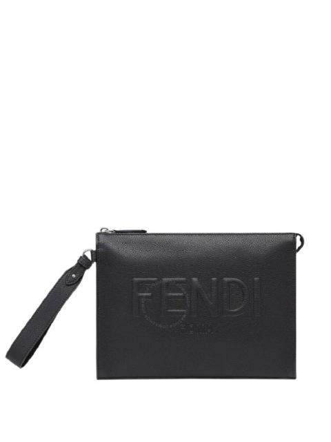 Fendi Embossed Logo Zipper Leather Clutch