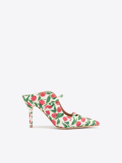MALONE SOULIERS Maureen 85 Red Tulip Print Canvas Heeled Mules