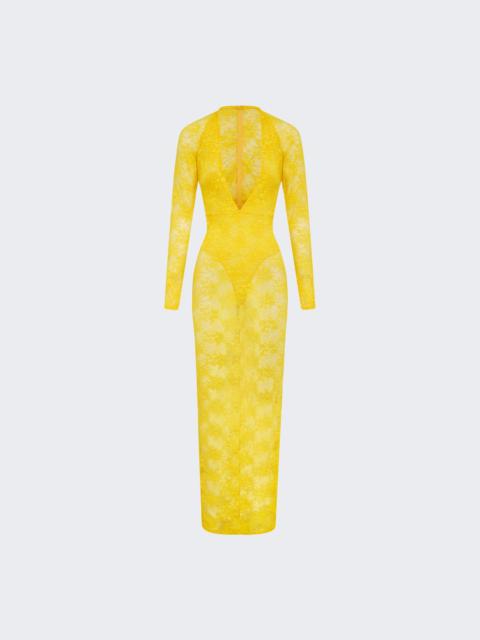 ALEX PERRY Long Sleeve Halter Column In Stretch Lace Yellow