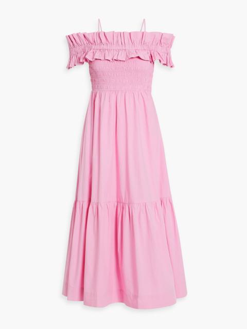 GANNI Cold-shoulder shirred cotton-poplin midi dress