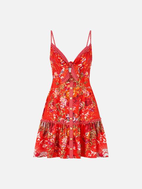 CAMILLA TIE FRONT SHORT DRESS WITH HEM RUFFLE