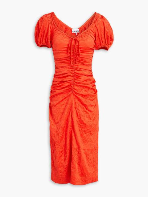 GANNI Ruched crinkled stretch-satin midi dress