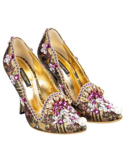 Dolce & Gabbana Lurex Jacquard Crystals Pumps Heels ALADINO Gold Pink 09035