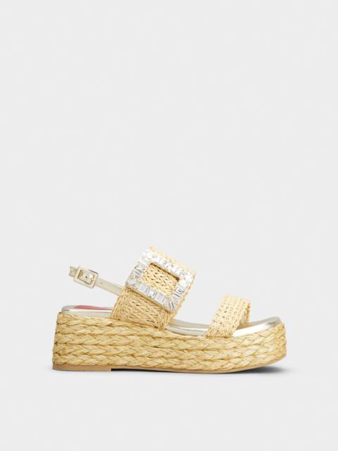 Roger Vivier Strass Buckle Wedge Sandals in Raffia