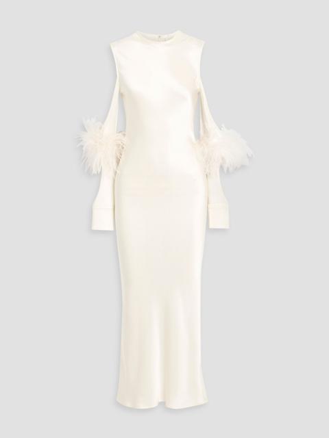 LAPOINTE Cold-shoulder feather-trimmed satin-crepe midi dress