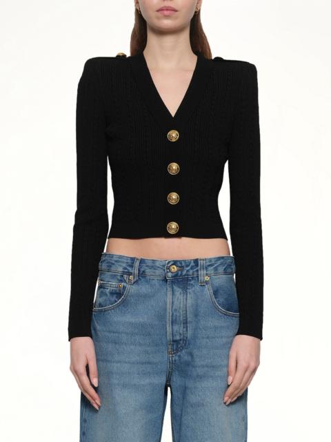 Balmain LS Buttoned V-Neck Torsade Knit Cardigan in Black