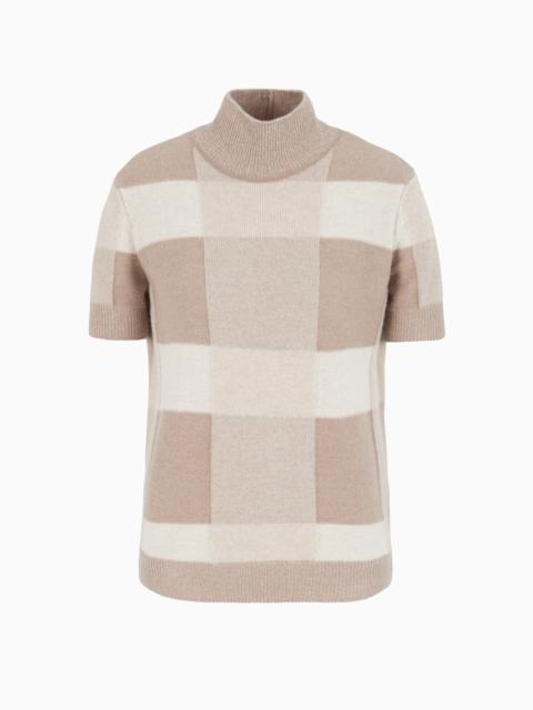 EMPORIO ARMANI Icon short-sleeved virgin wool mock-neck jumper with a plated check motif