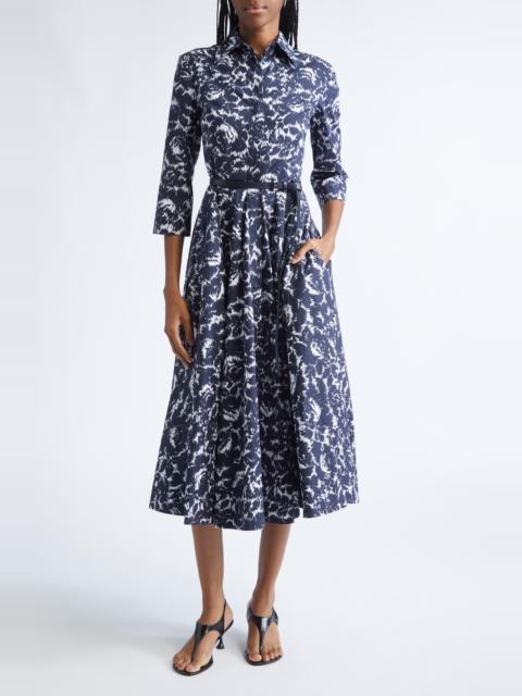 MICHAEL KORS COLLECTION Michael Kors Collection Graphic Floral Chiné Belted Cotton Poplin Shirtdress in Midnight/Optic White