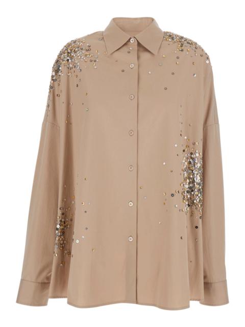 Dries Van Noten Dries Van Noten Women 'Casia' Beige Shirt With Classic Collar And All-Over Rhinestone Embroidery In 