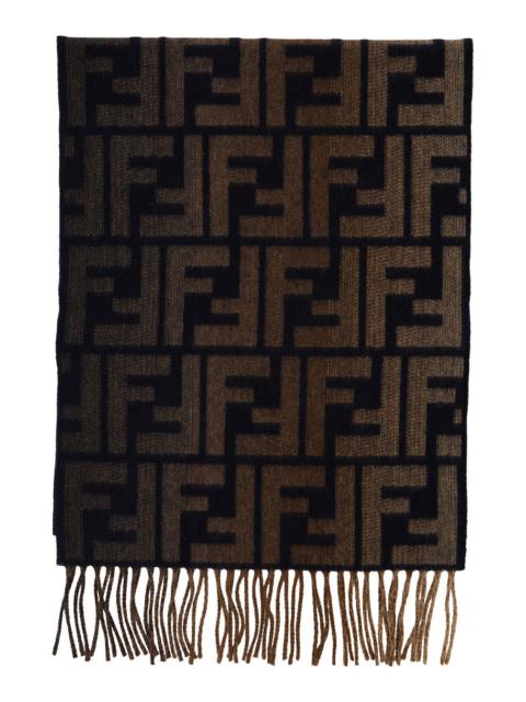 FENDI Fendi Men Brown Scarf With All-Over Ff Logo And Fringed Hem In Wool And Cashmere Man