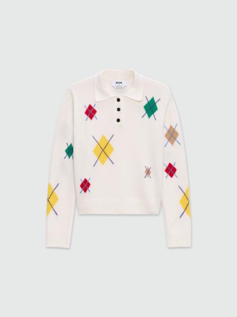 MSGM Ivory long-sleeved polo shirt with multicolor argyle pattern