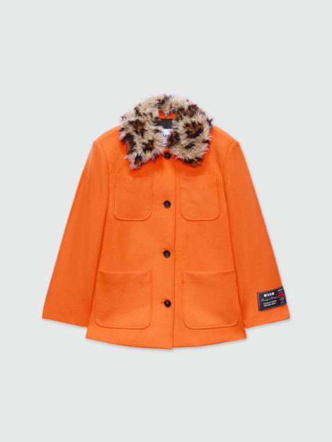 MSGM Orange wool jacket with shaggy animalier collar