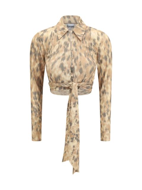 GANNI Ganni Women Printed Marl Mesh Tie Blouse
