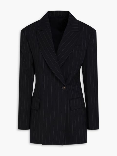 Brunello Cucinelli Bead-embellished double-breasted pinstriped wool and cotton-blend blazer