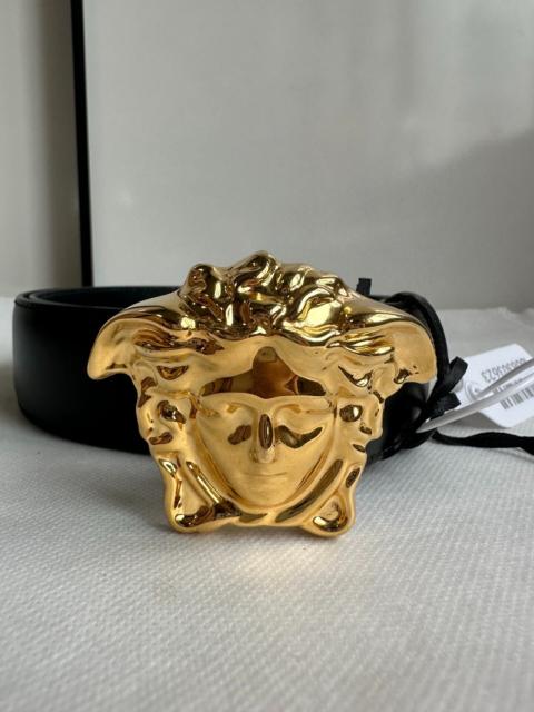 VERSACE Versace Black Medusa Head Gold Buckle Leather Belt
