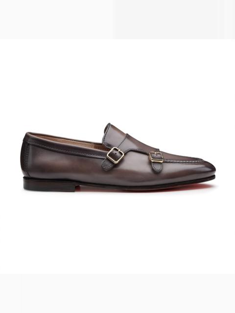 Santoni Men's brown leather double-buckle loafer
