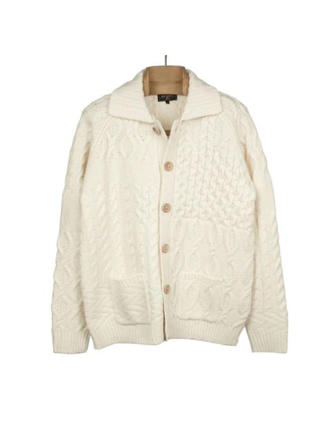BEAMS PLUS Crazy cable knit Aran cardigan in cream wool