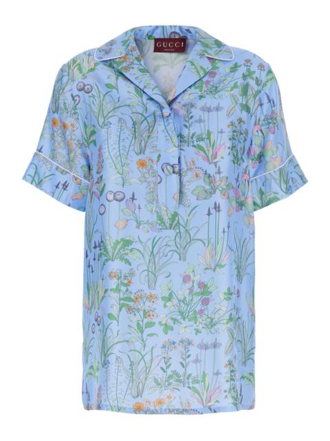 GUCCI Gucci Women Blue Shirt With Cuban Collar And All-Over Floral Print In Silk Woman