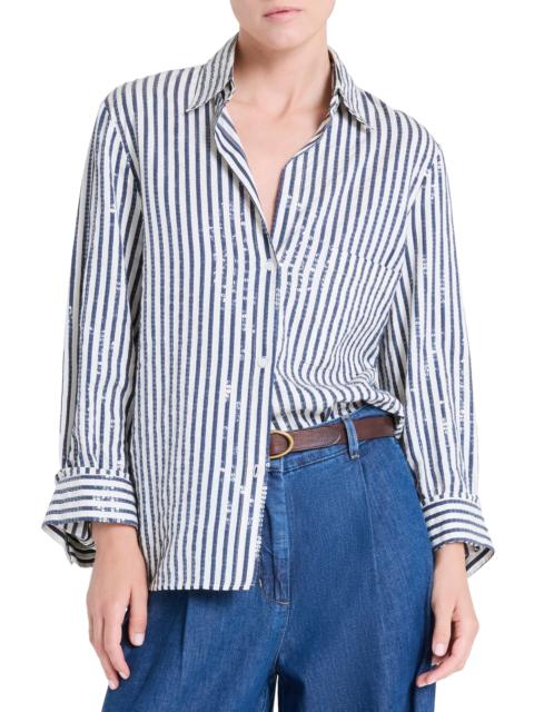 TWP TWP Next Morning Sequin Stripe Button-Up Shirt in Indigo /White at Nordstrom