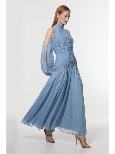 KAREN MILLEN High Neck Embellished Ruched Georgette Woven Maxi Dress