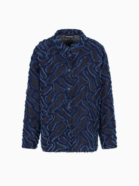 EMPORIO ARMANI FRINGED EMBOSSED-MOTIF JACQUARD DENIM SHIRT JACKET