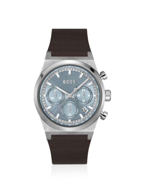 BOSS SILVER-TONE CHRONOGRAPH WATCH WITH BROWN LEATHER STRAP