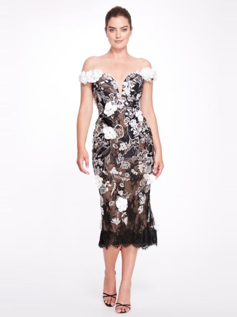 Marchesa Floral Appliquéd Sweetheart Midi Dress
