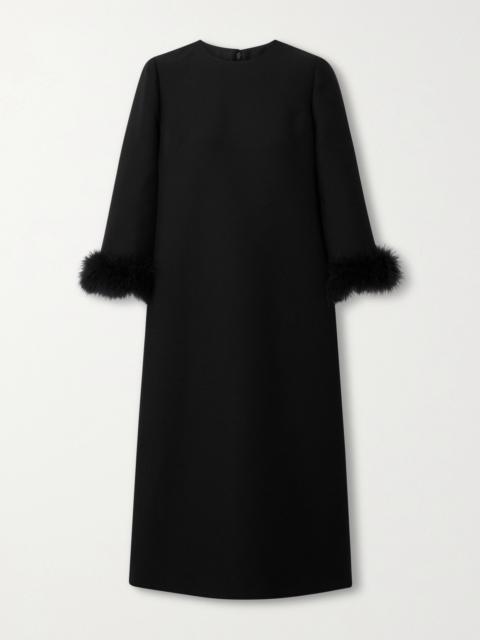Valentino Feather-trimmed Wool And Silk-blend Crepe Midi Dress