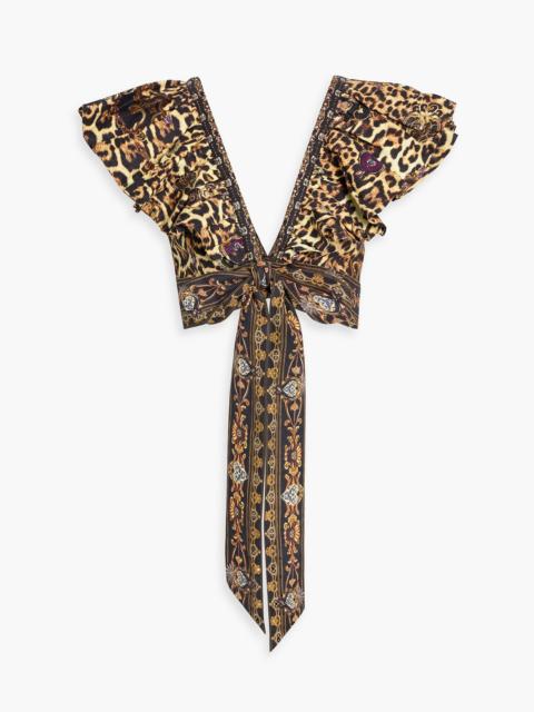 CAMILLA Cropped crystal-embellished leopard-print linen top
