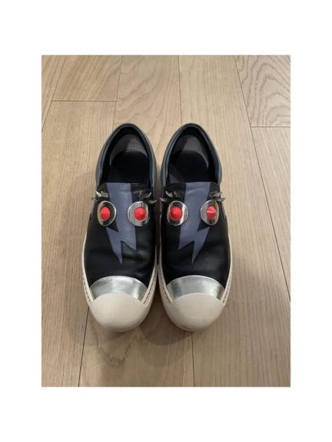 Fendi Black Leather Slip-On Sneakers With Lightning Bolt Design & Red Stud Accen