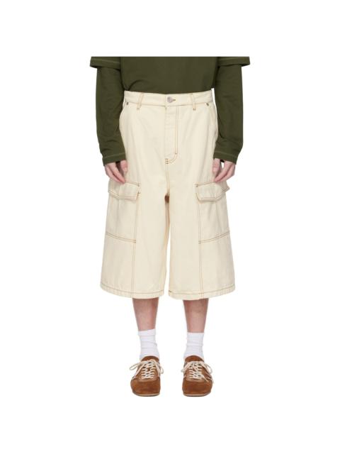 Beige Cotton Wide Fit Bermuda Cargo Shorts