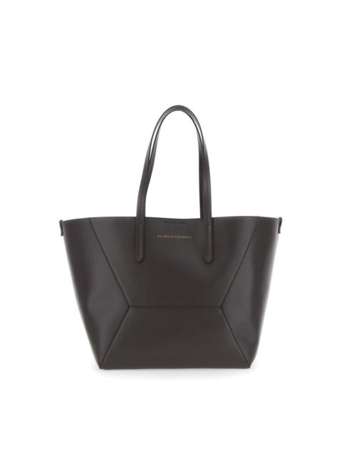 Brunello Cucinelli Brunello Cucinelli Brown Tote Bag With Logo Lettering On The Front And Geometric Panels Design In Le