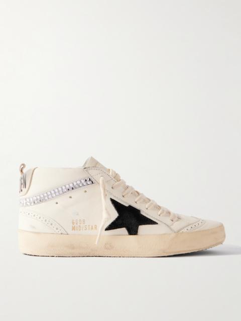 Golden Goose Mid Star Distressed Suede-trimmed Crystal-embellished Leather Sneakers