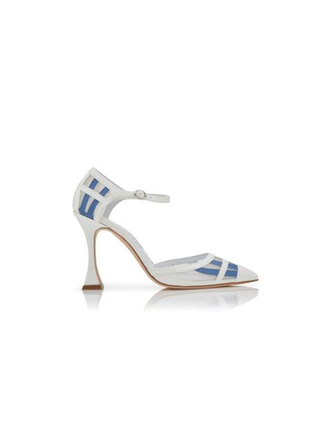 Manolo Blahnik White and Blue Patent Leather Ankle Strap Pumps