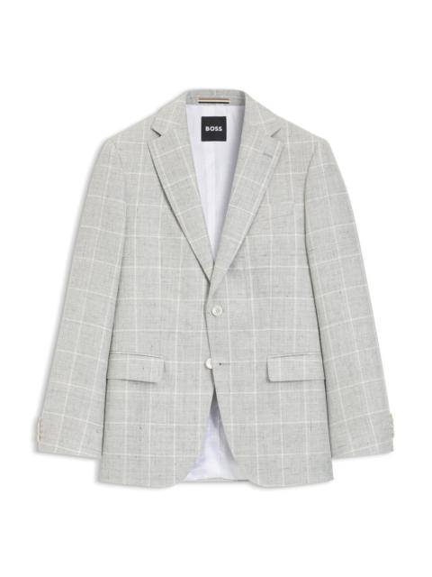BOSS CHECKED SLIM-FIT JACKET IN LINEN AND VIRGIN WOOL