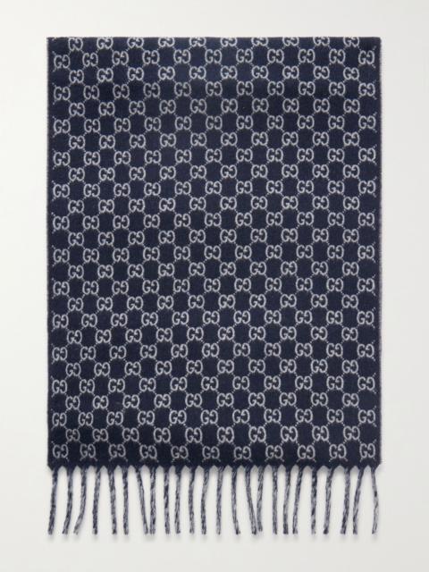 GUCCI Logo-Jacquard Wool and Cashmere-Blend Scarf Navy
