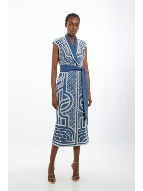 KAREN MILLEN Petite Premium Pearl Embellished Denim Woven Blazer Midi Dress