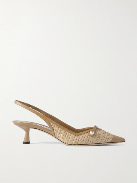 JIMMY CHOO Amita 45 Faux Pearl-embellished Leather-trimmed Raffia Slingback Pumps