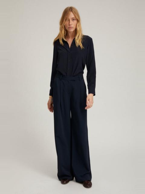 SPRWMN NAVY CREPE STRAIGHT LEG PLEATED TROUSERS