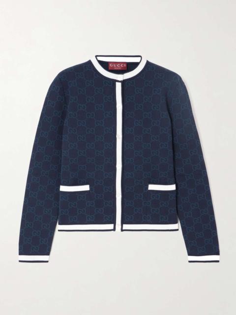 Striped jacquard-knit cotton cardigan Navy