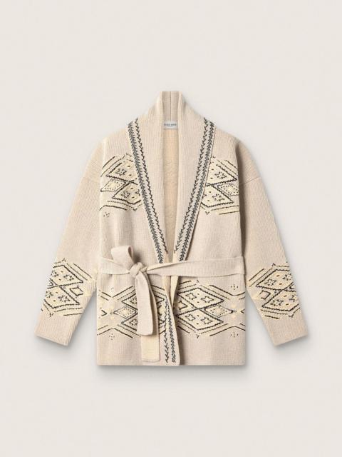 Golden Goose Women's belted cardigan in beige wool blend with contrast embroidery