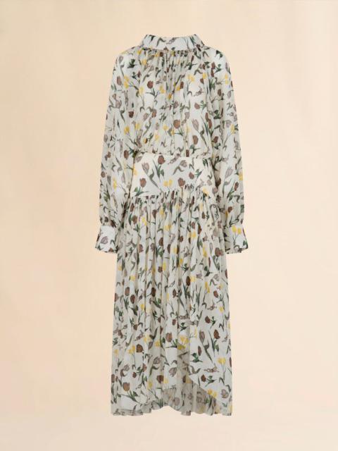 Marni CREAM CHIFFON DRESS WITH TULIPS AND HARES PRINT