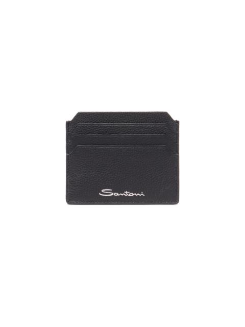 Santoni Black tumbled leather credit card holder