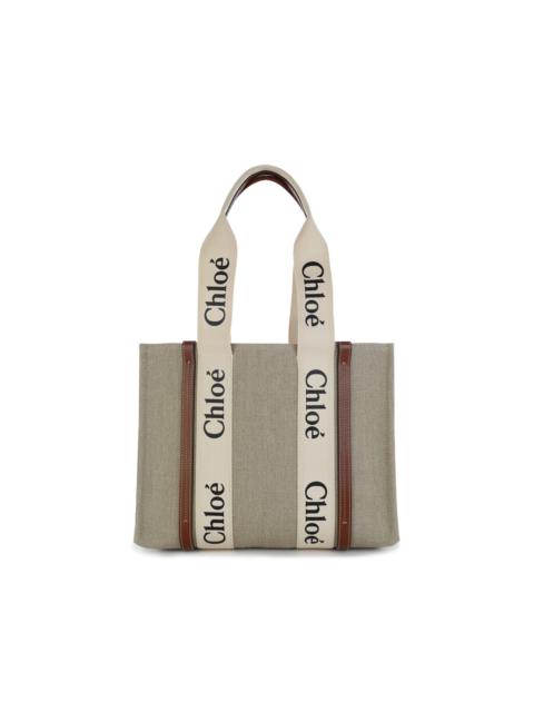 Chloé WHITE AND BROWN CANVAS WOODY MEDIUM TOTE BAG