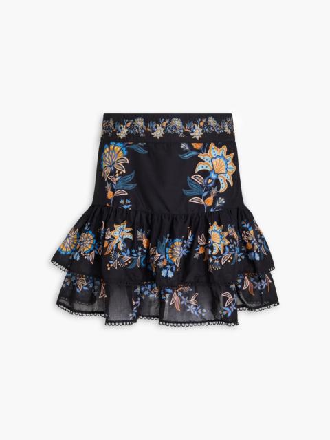 FARM RIO Crochet-trimmed tiered floral-print woven mini skirt
