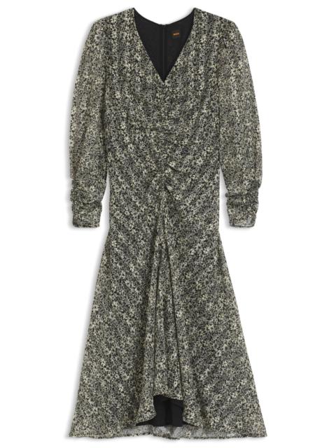 BOSS PRINTED-SEERSUCKER MIDI DRESS WITH GATHERED DETAILS