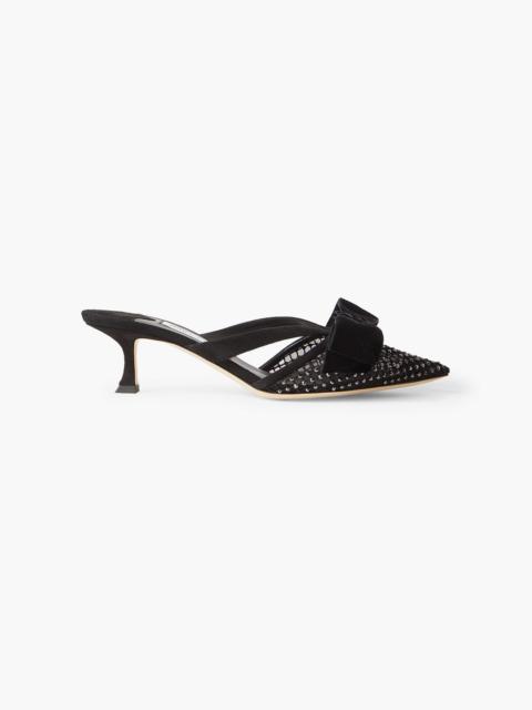 JIMMY CHOO Flaca 50 bow and crystal-embellished mesh and suede mules