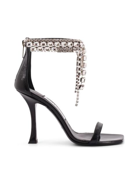 Black Vintage Leather Sandals With Crystals Detail