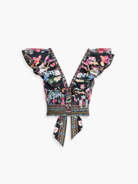 CAMILLA Cropped ruffled floral-print cotton-poplin top