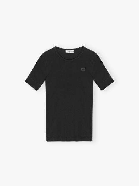 GANNI BLACK SOFT COTTON RIB SHORT SLEEVE T-SHIRT